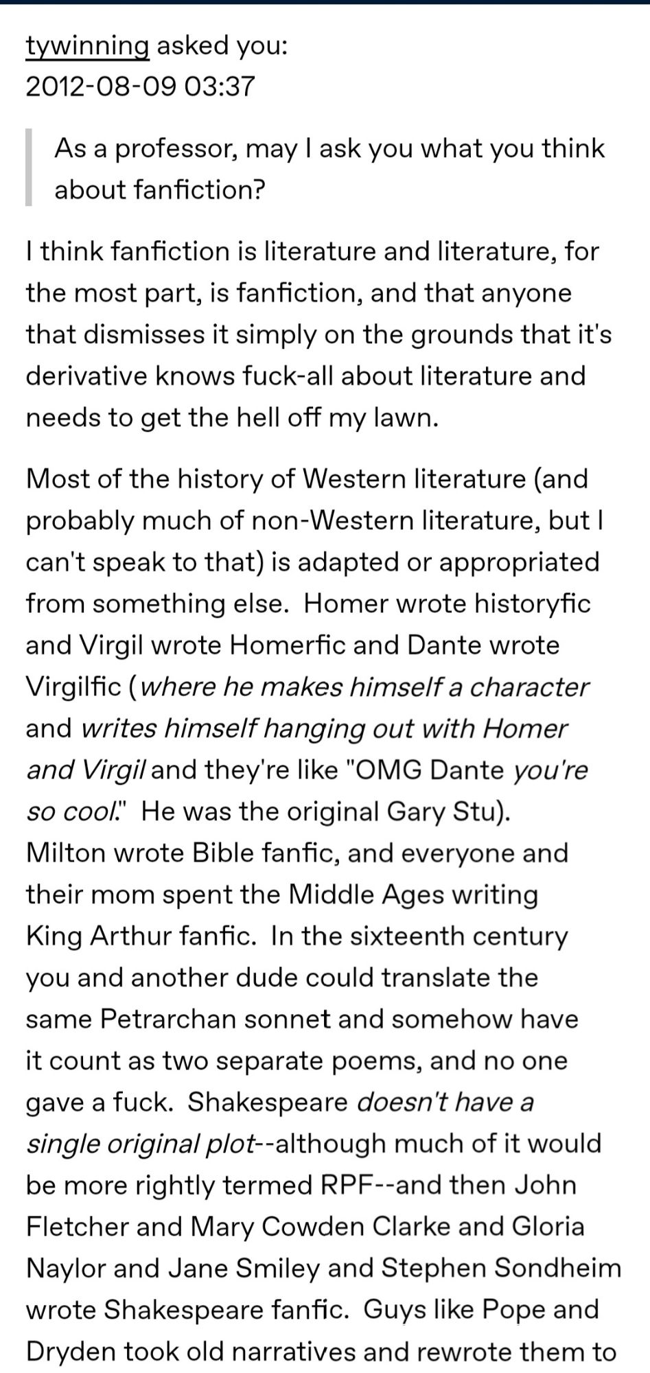 Fanfiction – die literaturwissenschaftliche Perspektive. Ein Post von tumblr-User inkandcayenne