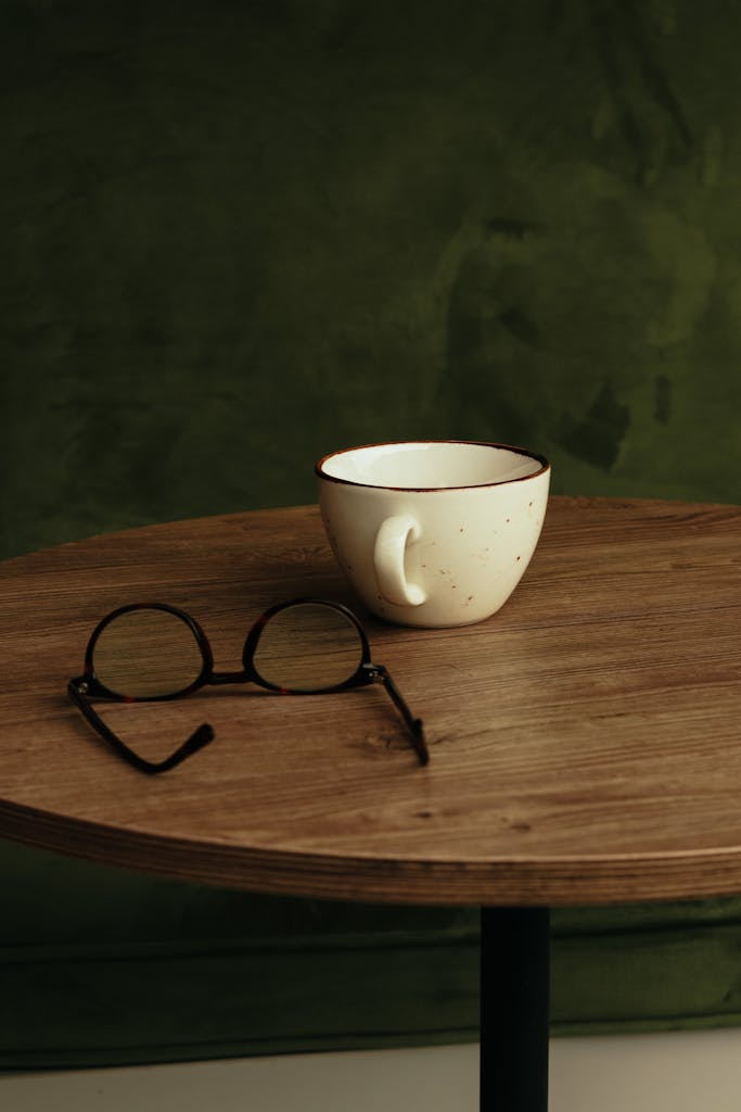Close-up shot of a cup and eyeglasses on a wooden table, perfect for cozy indoor settings.